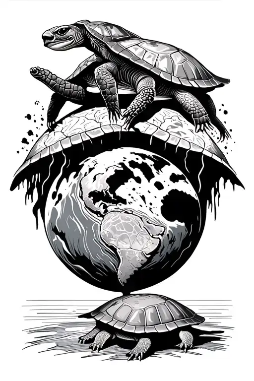Turtles all the way down, flat earth, firmament, turtles on back going down under earth tattoo design idea