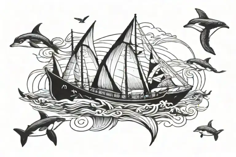 sailboat, birds, orca swimming tattoo design idea