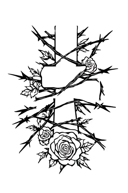 cross with barbed wire roses wrapped around it tattoo design idea