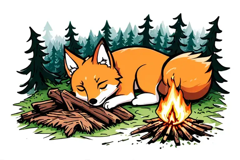 fox sleeping near a campfire in the woods tattoo design idea