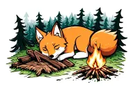 fox sleeping near a campfire in the woods tattoo design idea