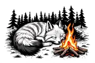 fox sleeping near a campfire in the woods tattoo design idea