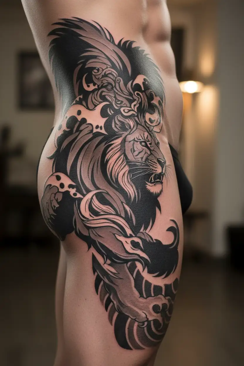 Lion dominating anxiety happy depression tattoo design idea