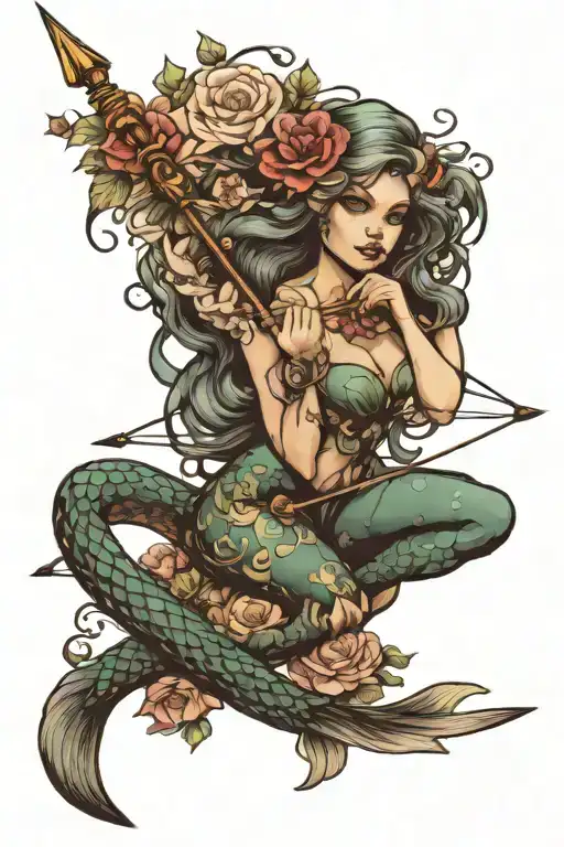 mermaid holding bow and arrow bubbles flowers intertwined tattoo design idea