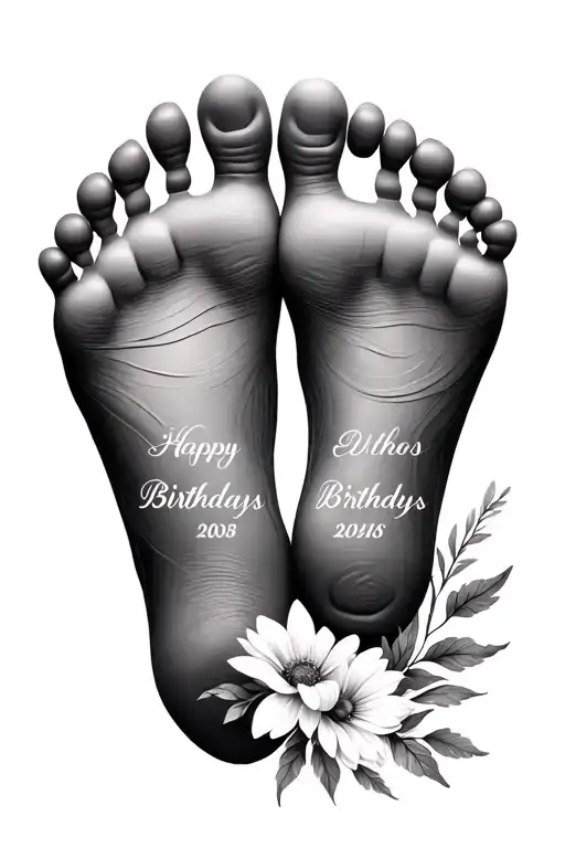 2 baby foot prints with names and birthdays flower themed tattoo design idea