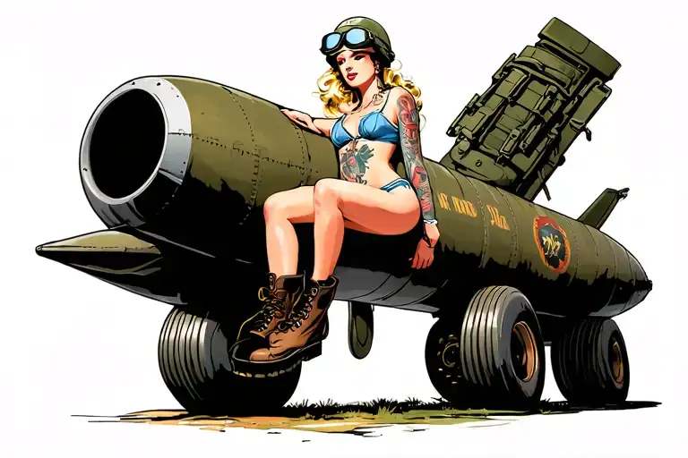 Sailor Jerry style pinup sitting on WWII missile, swimsuit, combat boots, army helmet with goggles, blonde windblown tattoo design idea