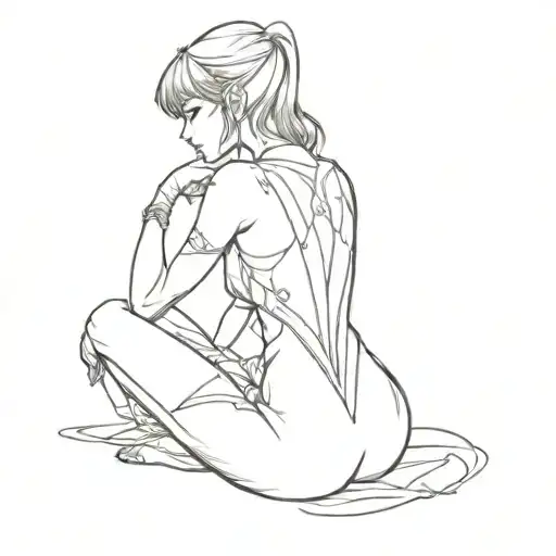 Elf girl body sits sexy with her back to the camera in anime style tattoo design idea