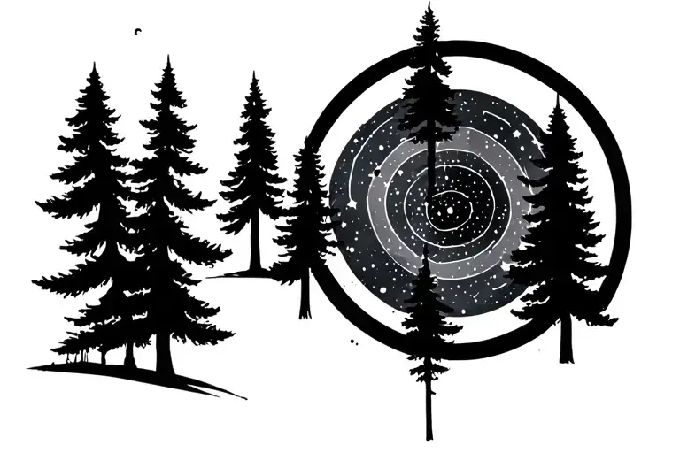 pine trees, circle, pulsar map, big dipper constellation tattoo design idea