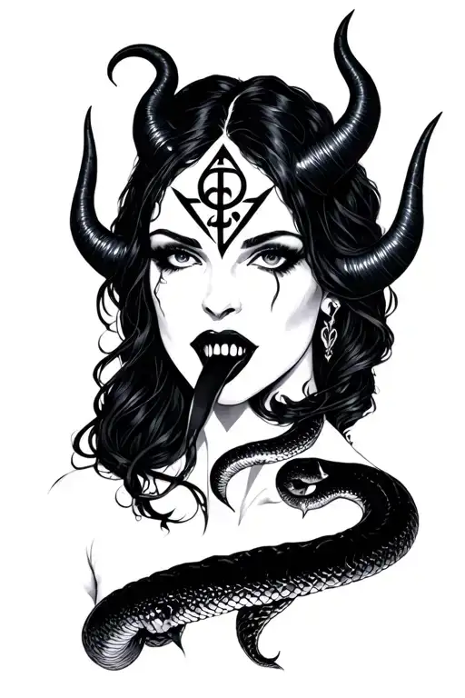 dark goddess lilith with the sigil of lilith in black on her forehead, horns, and dark lips with a snake tongue and fang tattoo design idea