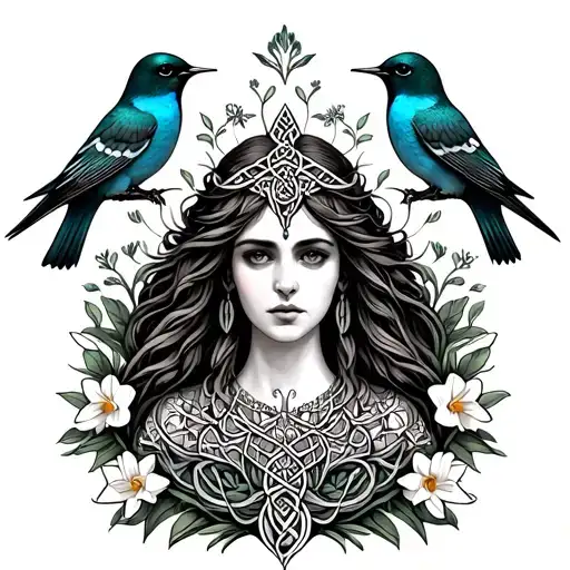 Celtic Goddess, Rhiannon. Surrounded by flying songbirds and daffodils tattoo design idea