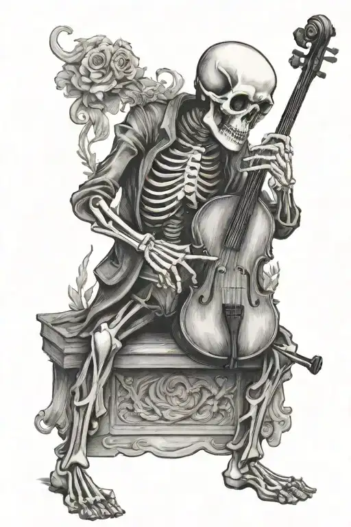 Sad skeleton standing and crying while playing violin tattoo design idea
