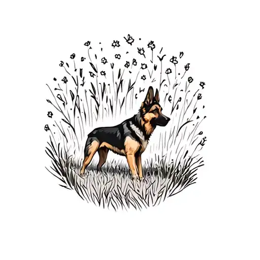 German Shepherd silhouette walking into a meadow tattoo design idea