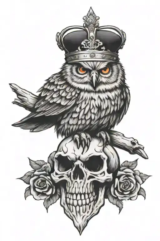 Angry owl perched on skull wearing a crown tattoo design idea