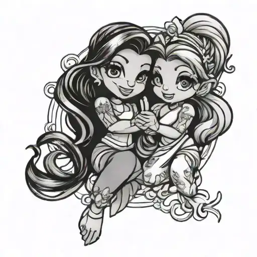 chibi style tattoo featuring Jasmine and Ariel giving a high five tattoo design idea