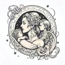 a mother with 2 girls and 2 boys in a crescent moon with stars and infinity sign  tattoo design idea
