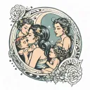 a mother with 2 girls and 2 boys in a crescent moon with stars and infinity sign  tattoo design idea