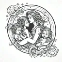 a mother with 2 girls and 2 boys in a crescent moon with stars and infinity sign  tattoo design idea