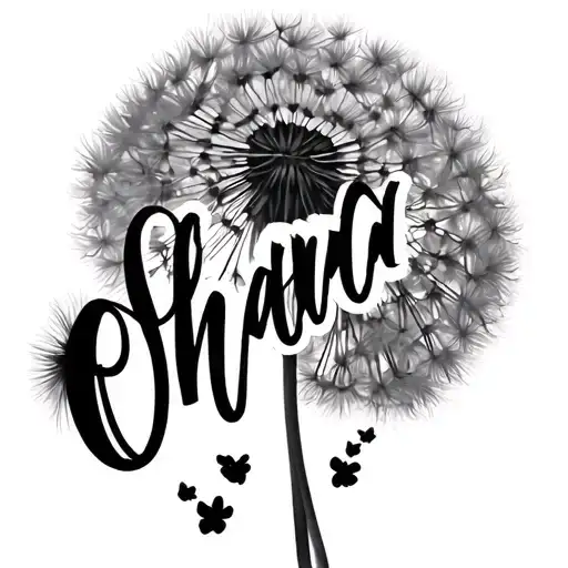The word Ohana written in cursive with a dandelion with 5 pedals connected and 2 floating away. One has an s under it on tattoo design idea