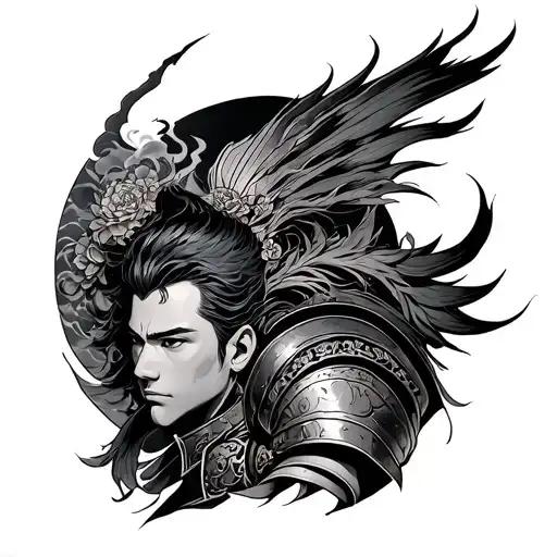 armor shoulder with a Japanese rising son at top of shoulder tattoo design idea