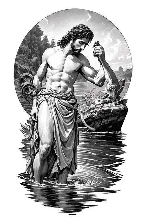 dipping achilles into river styx   tattoo design idea