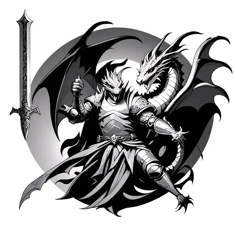 dragon battling knight holding a sword tattoo design idea