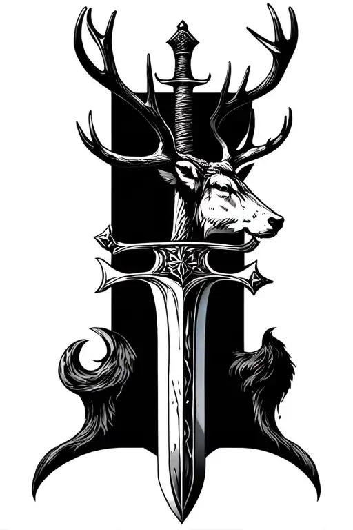 A vertical templar sword tattoo, black and grey ink, hilt forms a stag’s head with large antlers as the guard tattoo design idea