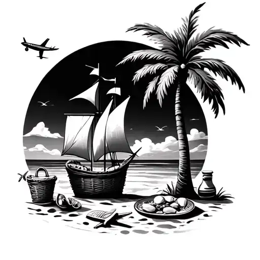 beach picnic with a palm tree,ship in a bottle, airplane, and picnic basket to represent travel tattoo design idea