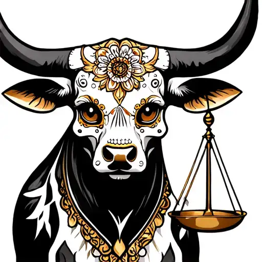 feminine bull with sugar skull markings, brown eyes and two Libra scales and dark background tattoo design idea