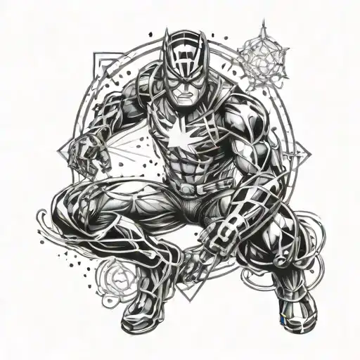 A Marvel superhero surrounded by good luck symbols, representing your passion for Marvel films and superstitions tattoo design idea