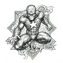 A Marvel superhero surrounded by good luck symbols, representing your passion for Marvel films and superstitions tattoo design idea