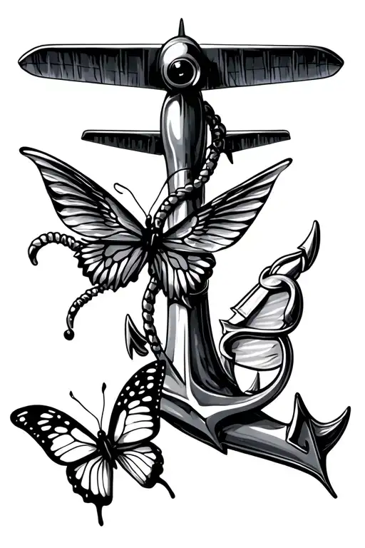 plane and butterfly and anchor tattoo design idea