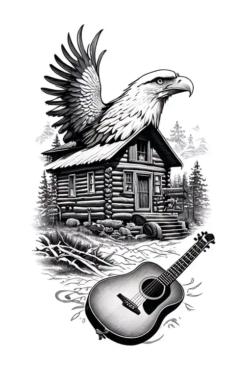 Combine elements of a log cabin, acoustic guitar, and a bald eagle into a cohesive blackwork sleeve tattoo, symbolizing the client's love for music, nature, and patriotism tattoo design idea
