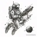 A futuristic space-themed gaming tattoo featuring a marine engineer exploring unknown galaxies tattoo design idea
