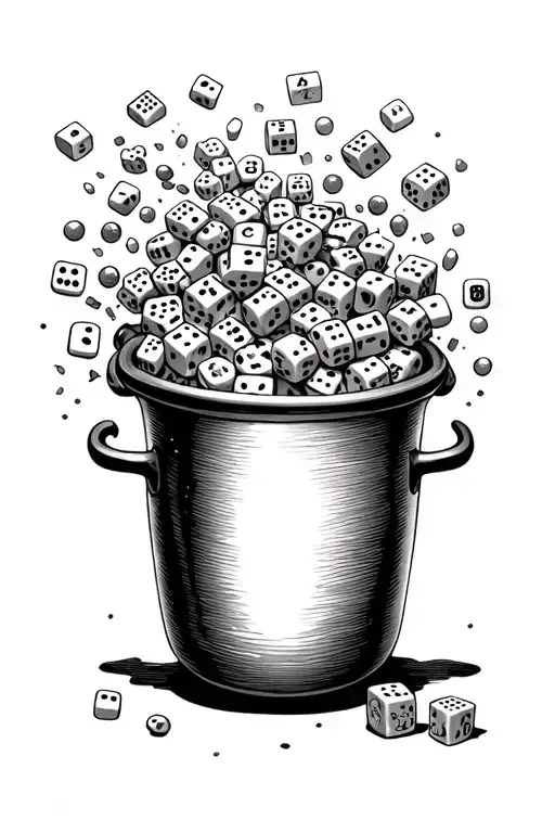 A cooking pot overflowing with dice and game pieces tattoo design idea