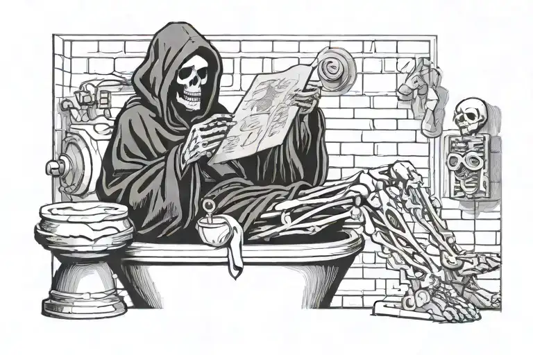 skeleton in a robe and hood sitting on the toilet reading a with the "evidence" on it in large  print tattoo design idea