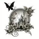 disney castle with flowers and tinkerbell sitting tattoo design idea