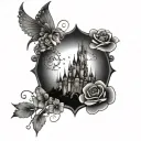 disney castle with flowers and tinkerbell sitting tattoo design idea