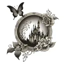 disney castle with flowers and tinkerbell sitting tattoo design idea