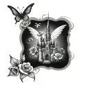 disney castle with flowers and tinkerbell sitting tattoo design idea