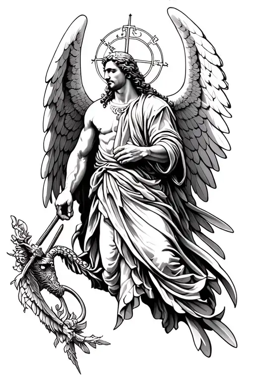 create a tattoo design of Saint Micheal the archangel  tattoo design idea