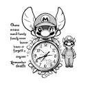 A tattoo design incorporating dates, Stitch from the cartoon, Mario in overalls, the quote 'Ohana means family, and family never leaves or forgets anyone' and the phrase 'remember death', with wolf clocks included. tattoo design idea