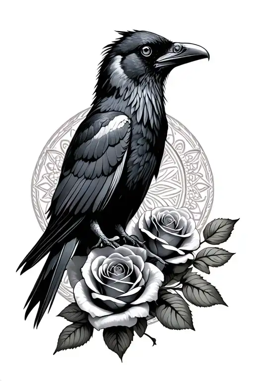 Raven with black and grey roses and a mandala in the background  tattoo design idea