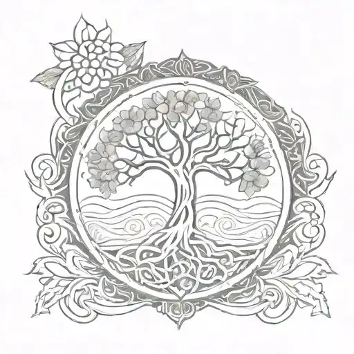 celtic tree of life, mandala pattern, lotus flower yin yang with half of background tree dark and half white tattoo design idea