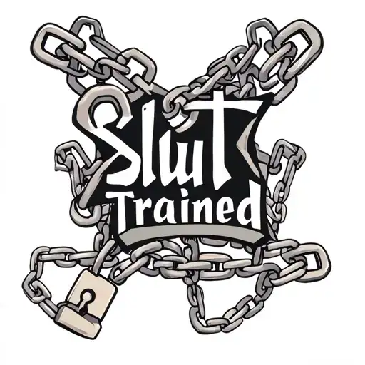 words "Slut Trained" with a chain intertwined in the letters with both ends of the chain locked by a pad lock. tattoo design idea