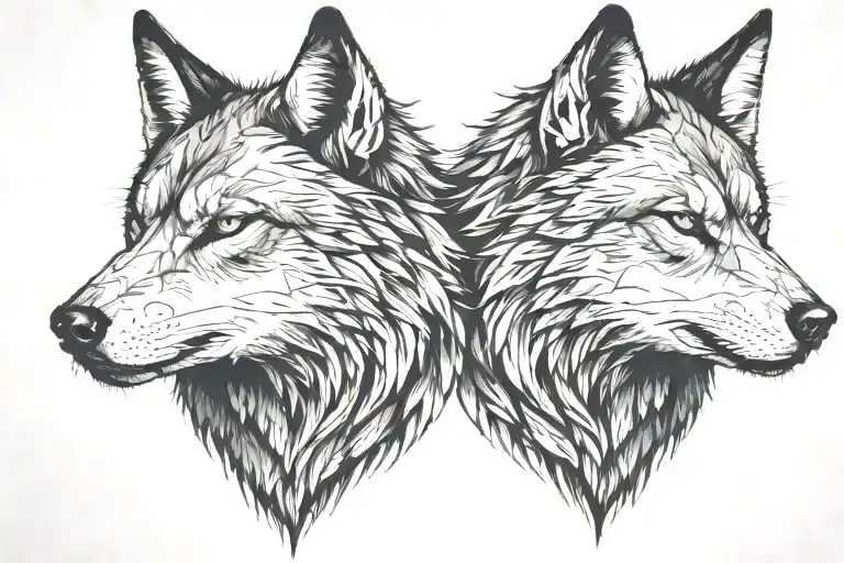 looking at each other a two splited wolfs heads one of them angry tattoo design idea