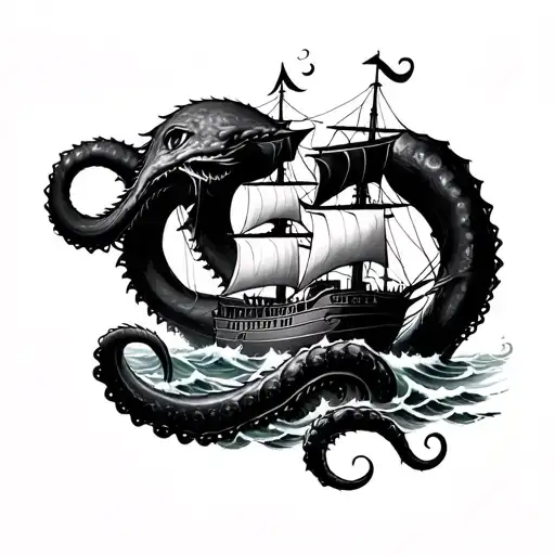 kraken and ship battle in stormy seas tattoo design idea