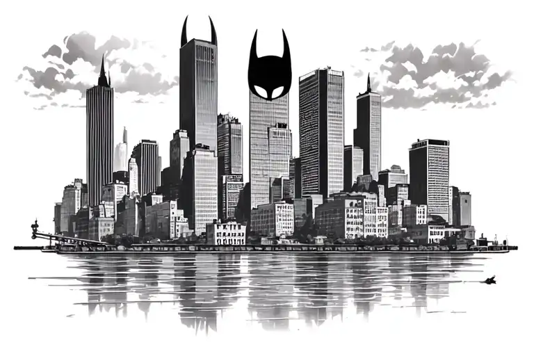 Pittsburgh skyline with Batman overlooking the city and the bay signal in the sky tattoo design idea