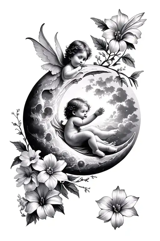 waxing gibbous moon with a cherub baby fairy and aster and morning glory flowers tattoo design idea