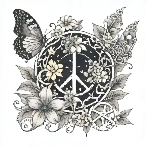 A whimsical hippy-inspired design featuring Adalynn, Ethan, and Owen's names intertwined with flowers and peace symbols tattoo design idea