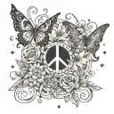 A whimsical hippy-inspired design featuring Adalynn, Ethan, and Owen's names intertwined with flowers and peace symbols tattoo design idea